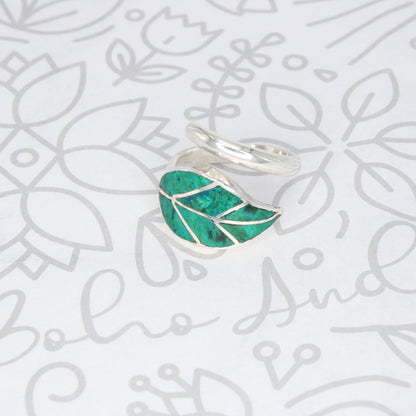 Leaf Ring Silver Adjustable with natural inlaid Stone