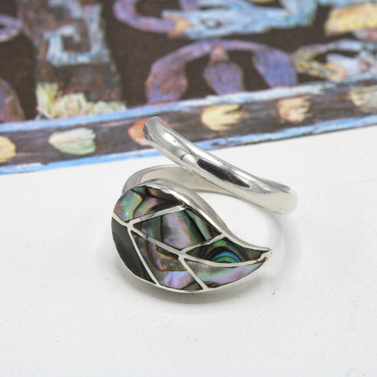 Leaf Ring Silver Adjustable with natural inlaid Stone